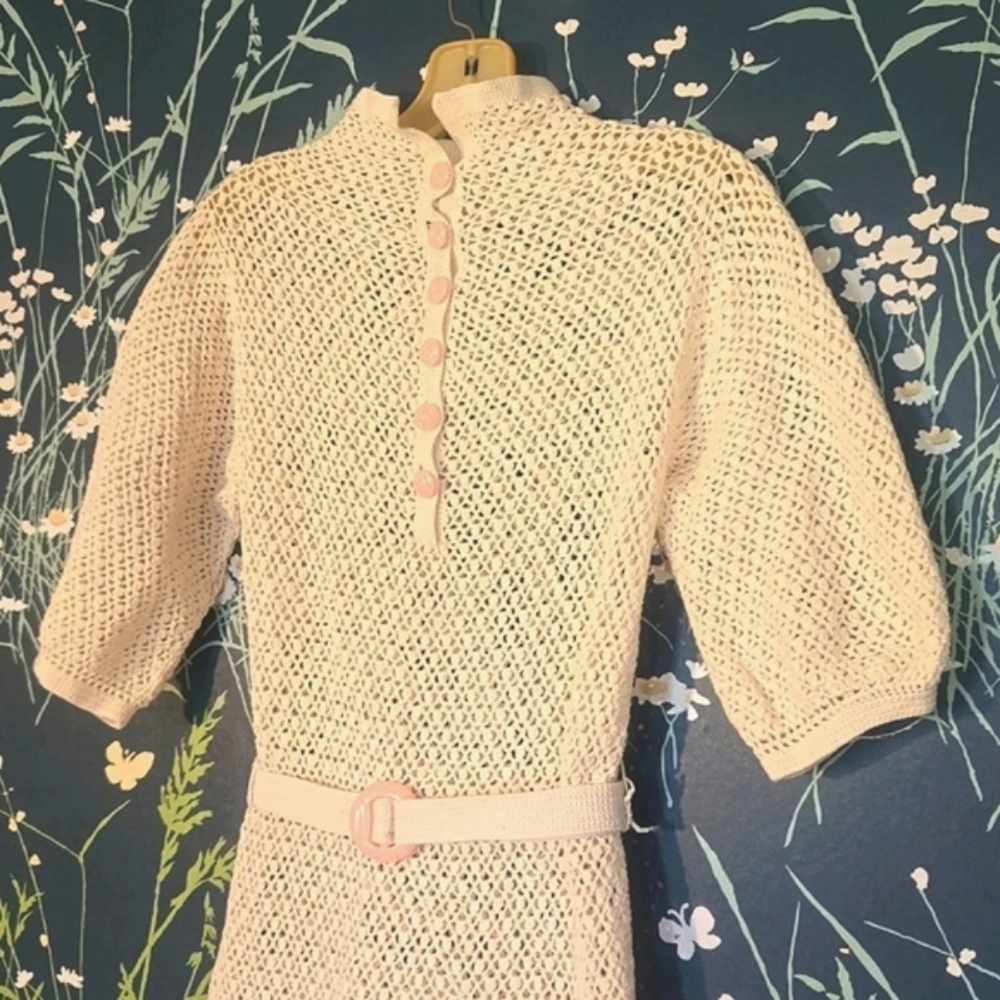 Vtg Crochet Beach Dress Boho Mod Hippy Chic - Picture 2 of 6